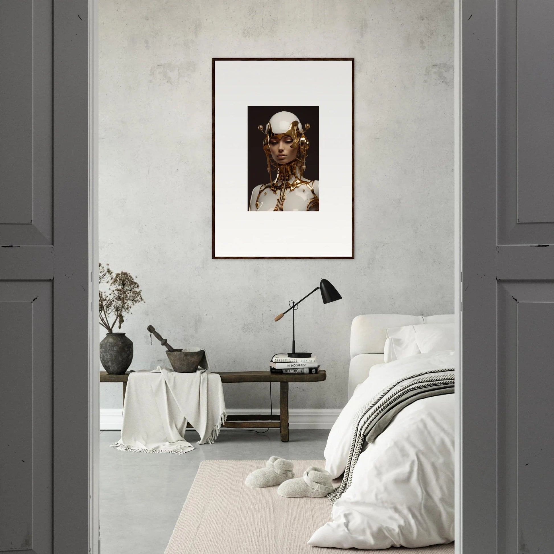 Framed portrait of a figure with gold face and jewelry, perfect wall art for room decoration