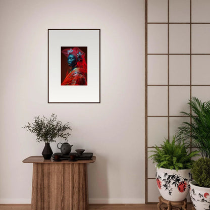 Vibrant red and blue framed canvas print of Velvet Botanicals for stylish room decoration