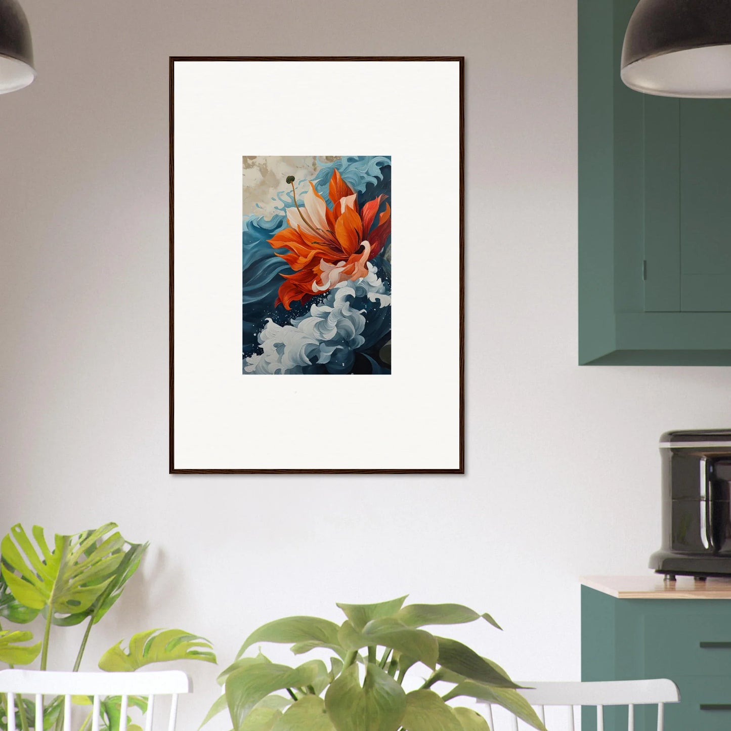 Vibrant orange and blue floral canvas print for vibrant room decoration, Petal Odyssey