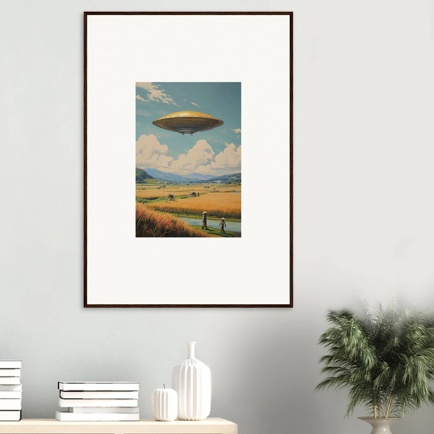 Framed canvas print of a UFO in a rural scene, perfect for cool room decoration