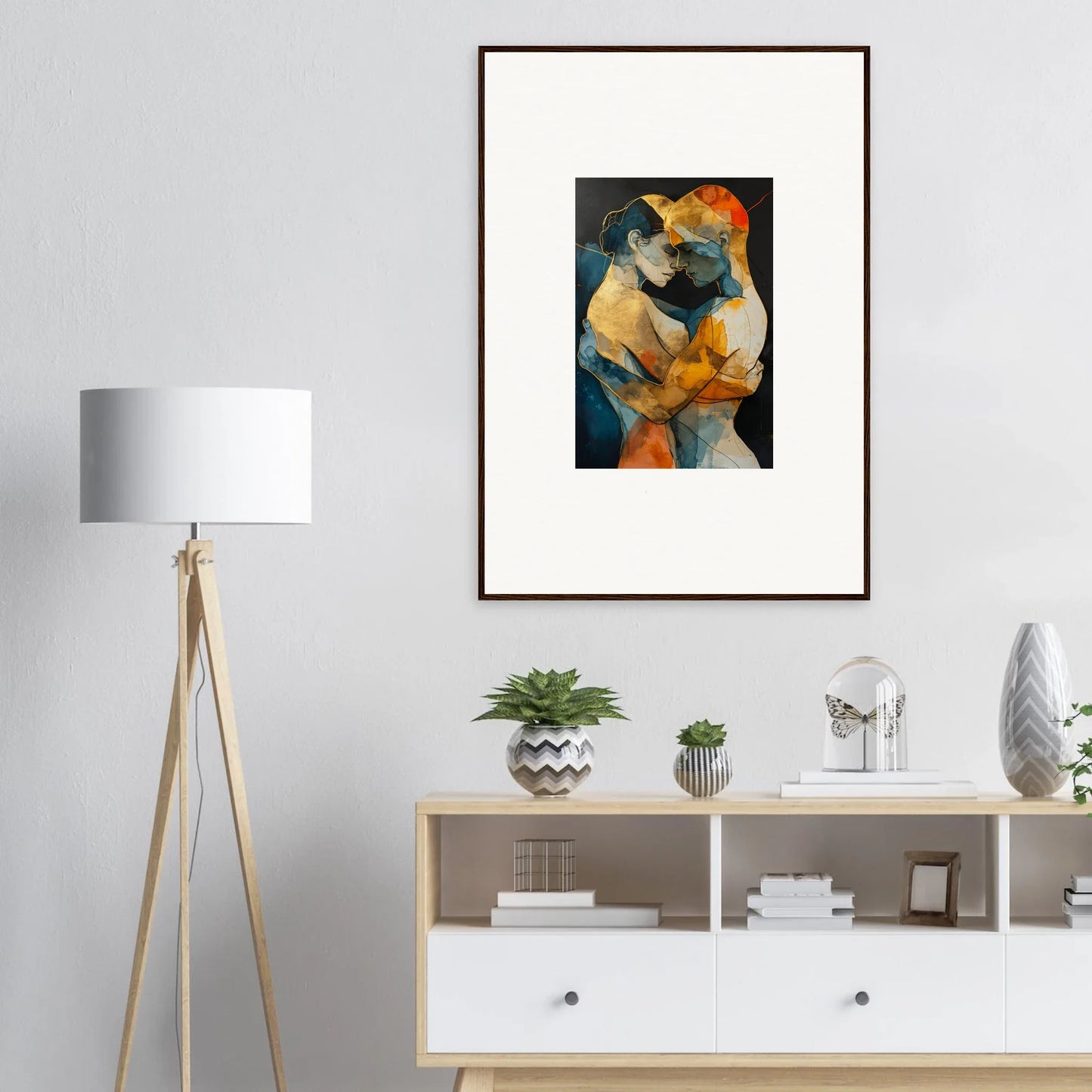 Framed abstract canvas print in vibrant orange and blue for cool room decoration