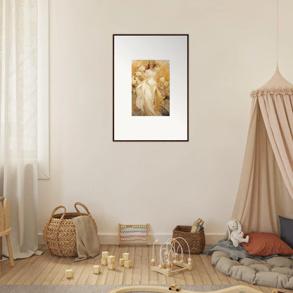 Framed canvas print of a woman in a white dress, perfect for a Silk Dream room decoration