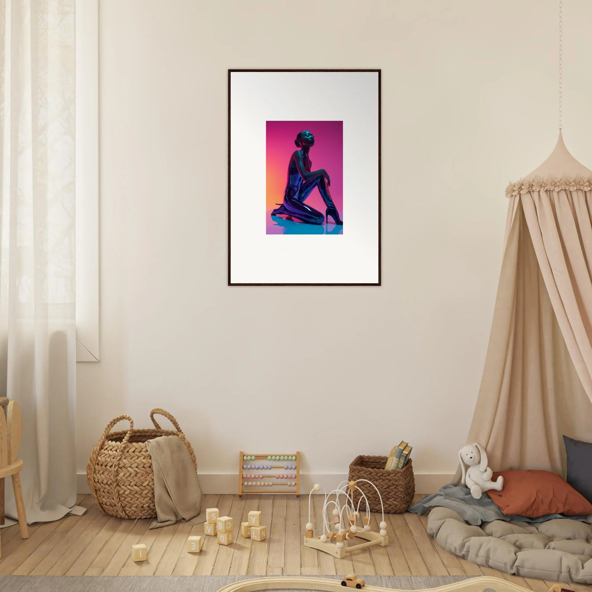 Framed canvas print of a silhouetted figure in Neon Vortex for unique room decoration