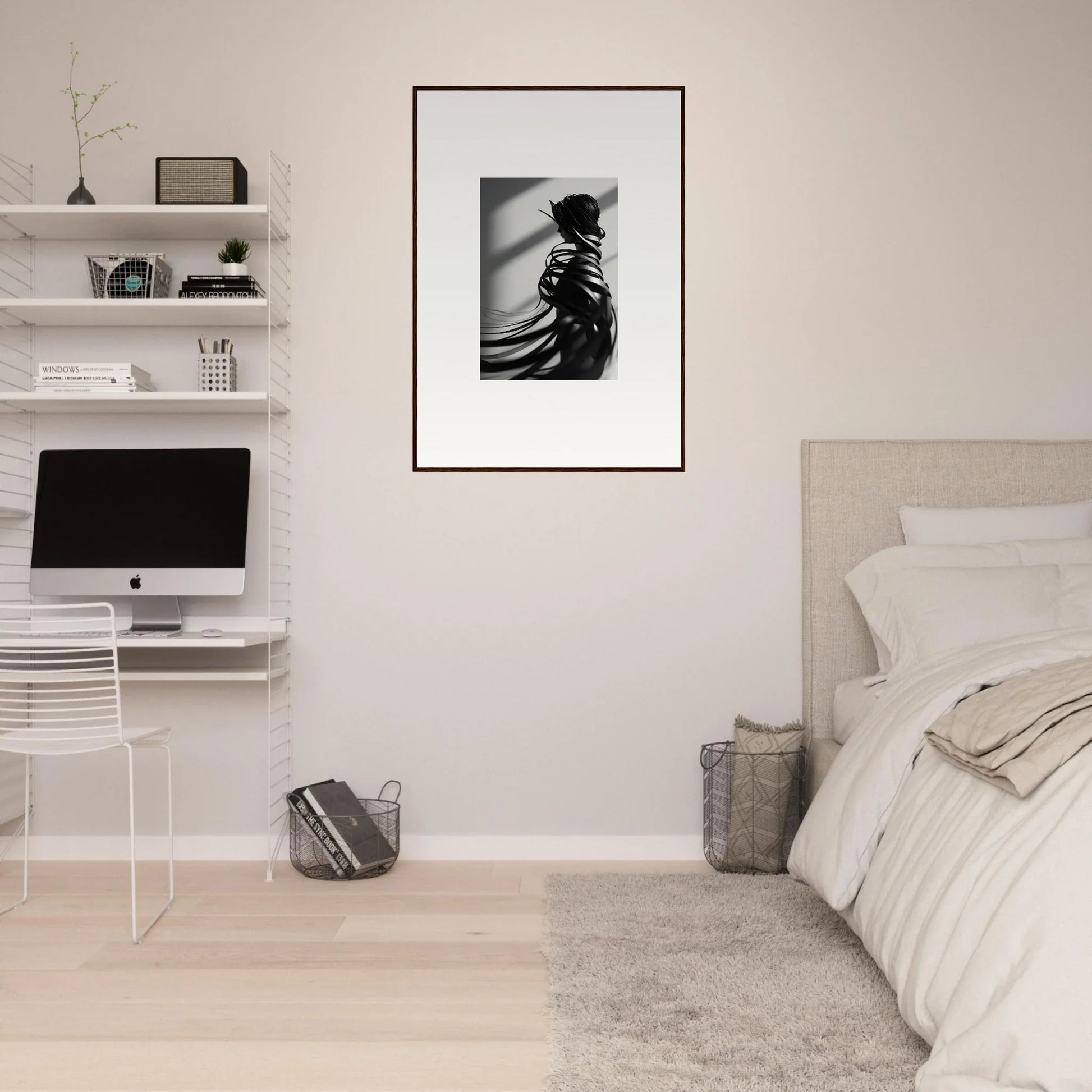 Framed black and white canvas print of a person’s back, perfect for ribbon shares room decoration