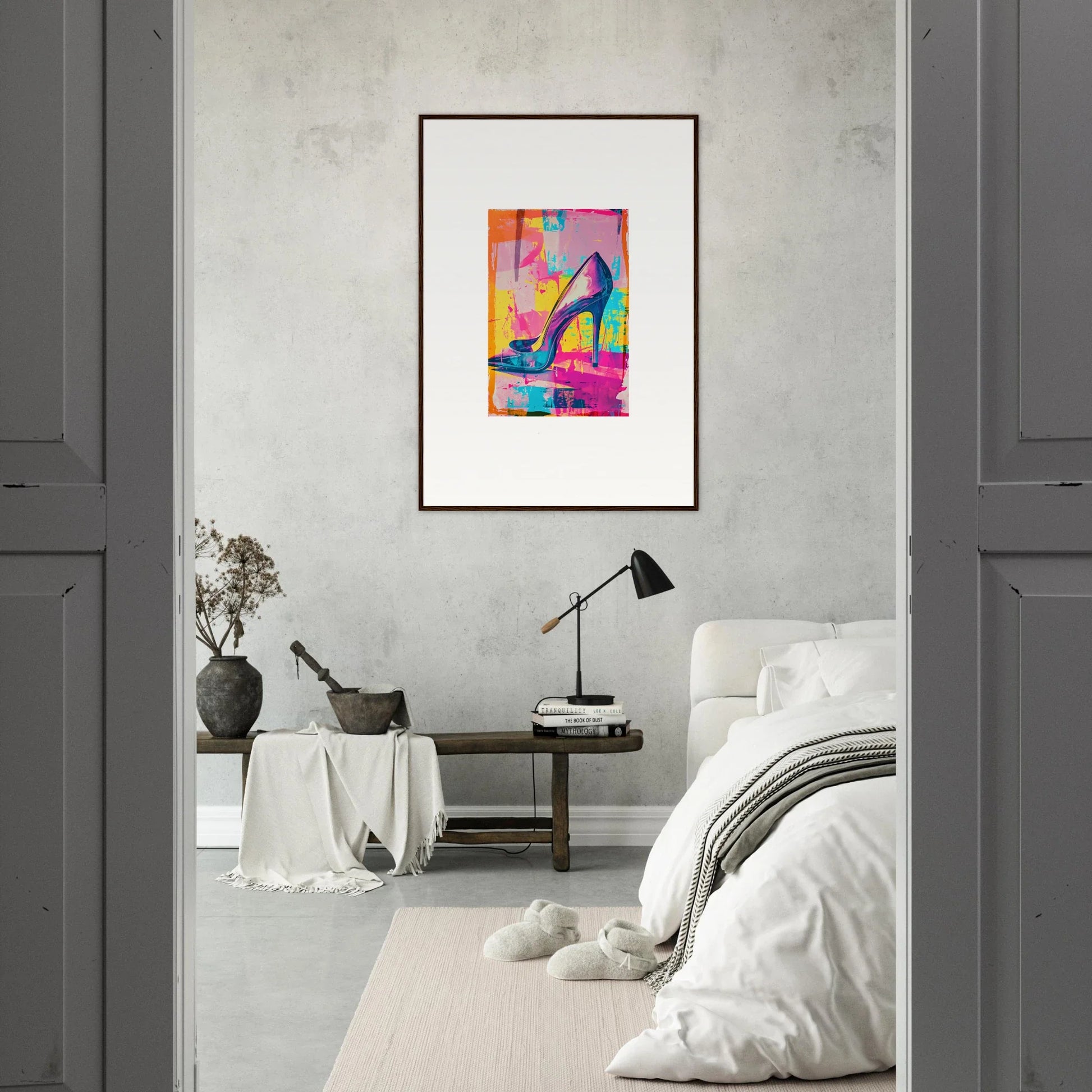 Colorful abstract painting of a high-heeled shoe for stylish room decor and wall art