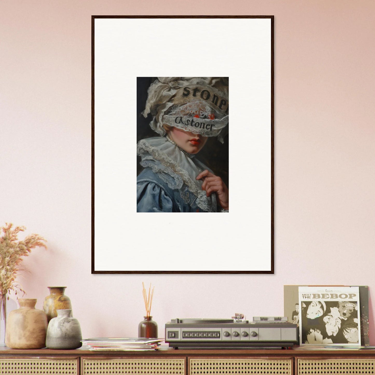 Framed canvas print of figure in historical clothing hiding eyes, perfect room decoration