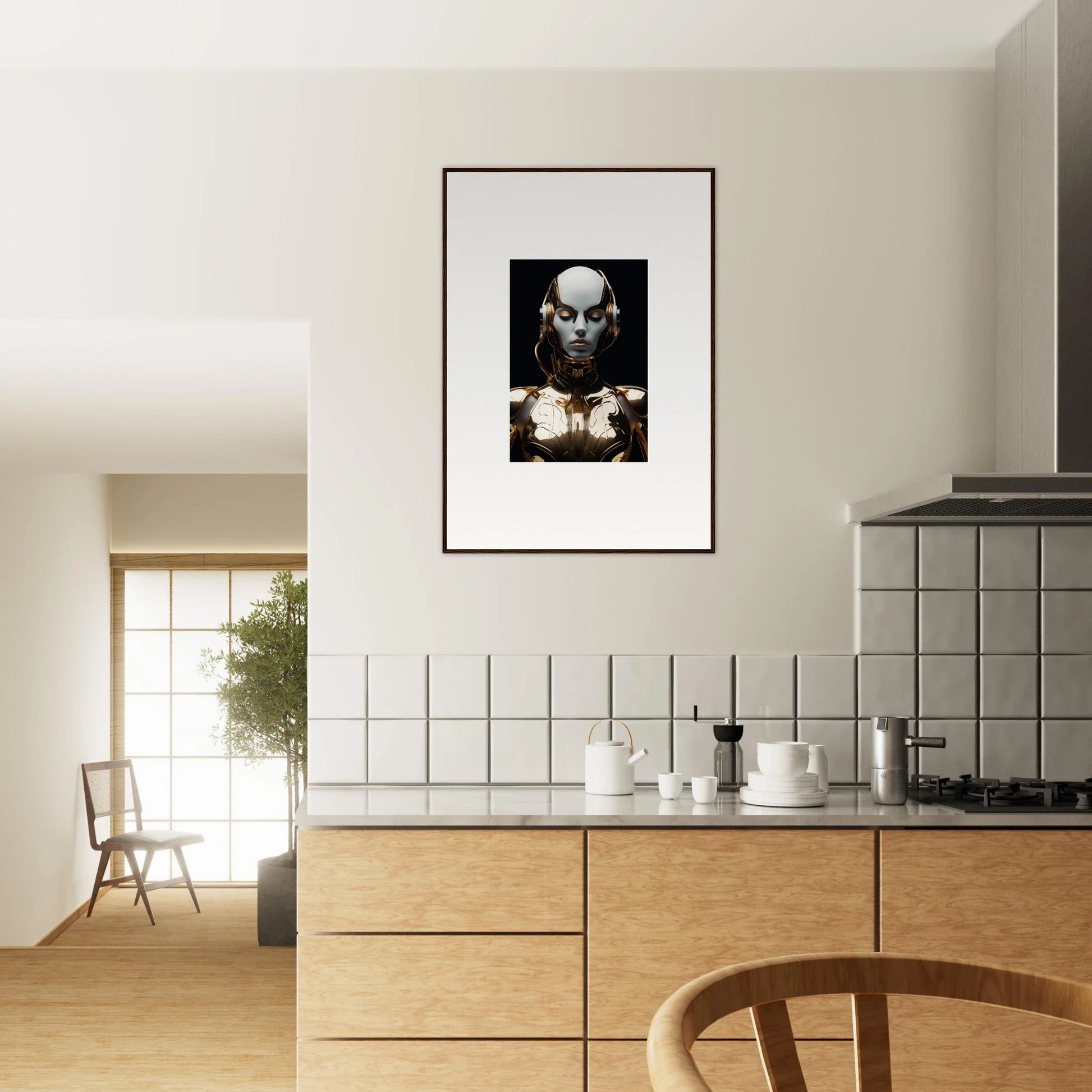 Framed black and white portrait showcasing intense eyes, adding electrical elegance to room decoration