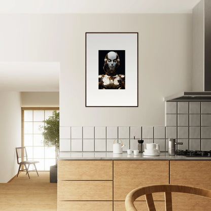 Framed black and white portrait showcasing intense eyes, adding electrical elegance to room decoration