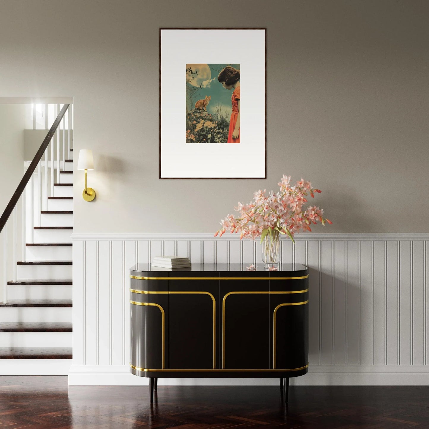 Elegant black and gold sideboard for stylish room decoration with Flora Reverie theme