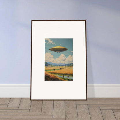 Framed canvas print of a UFO in a rural scene, perfect for unique room decoration