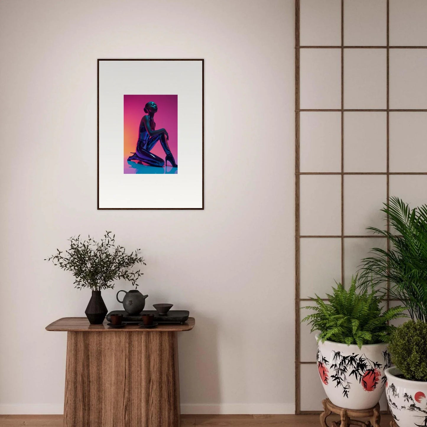 Framed canvas print of a silhouetted figure in Neon Vortex room decoration