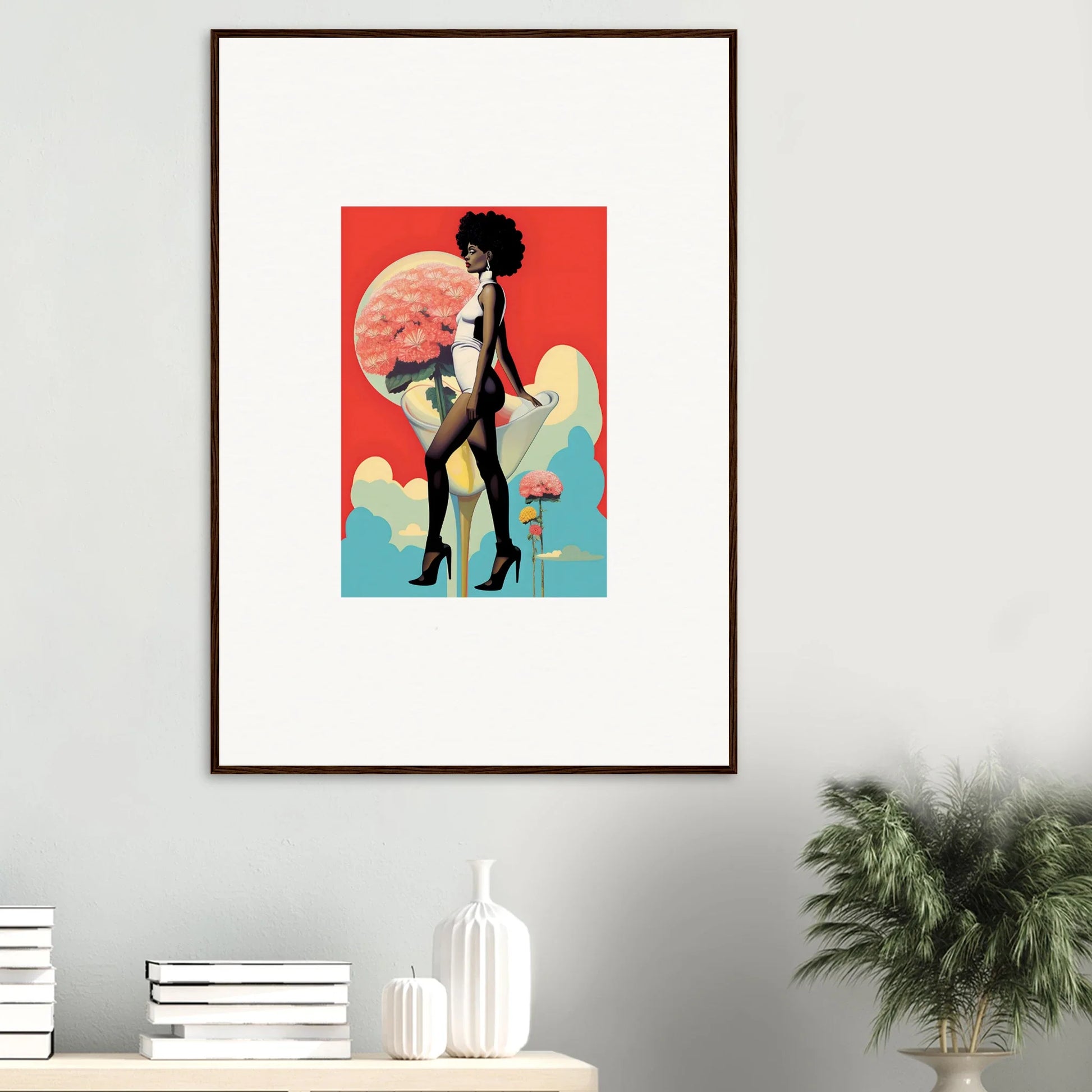 Framed canvas print of a silhouette with floral highs, moon, and colorful clouds for room decoration