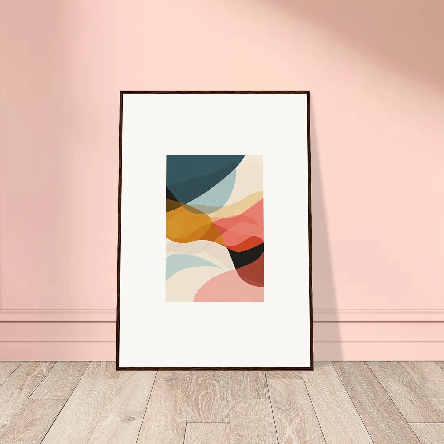 Framed abstract wall art Subtle Mirage with curved shapes in muted colors for room decoration