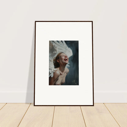 Framed canvas print of joyful person in windswept hair for ecstasy mosaic room decoration