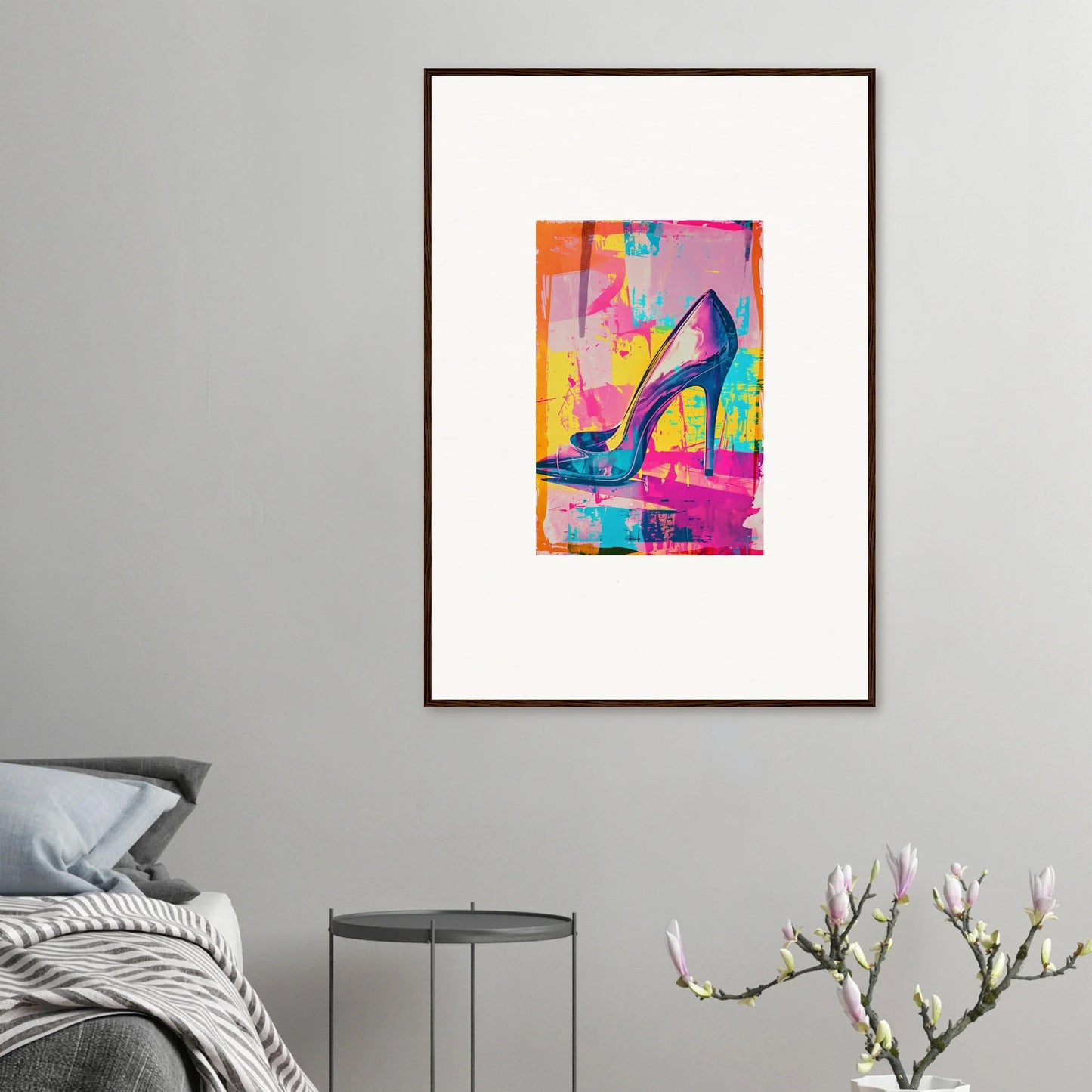 Colorful abstract painting of a high-heeled shoe for stylish room decor and framed wall art