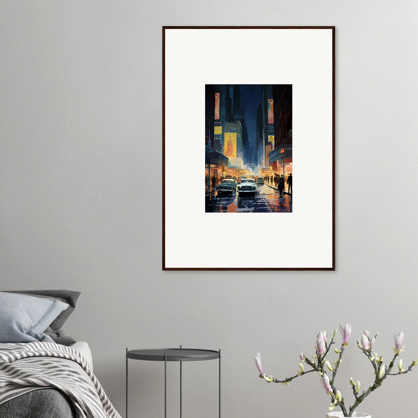 Framed wall art of a rainy city street at night, perfect for room decoration