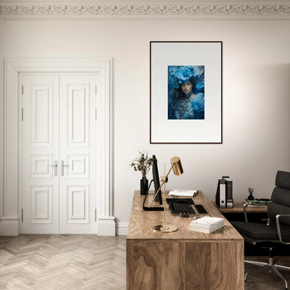 Elegant home office with wooden desk and Blue Symphony canvas print for stylish room decoration