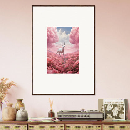 Framed canvas print of a deer in a pink floral landscape for berry collision decor