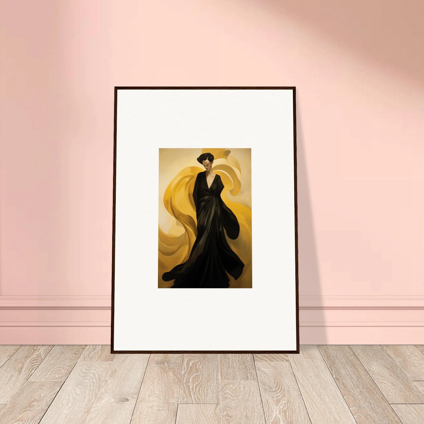 Elegant canvas print of a figure in a black dress against golden sun waves for room decoration