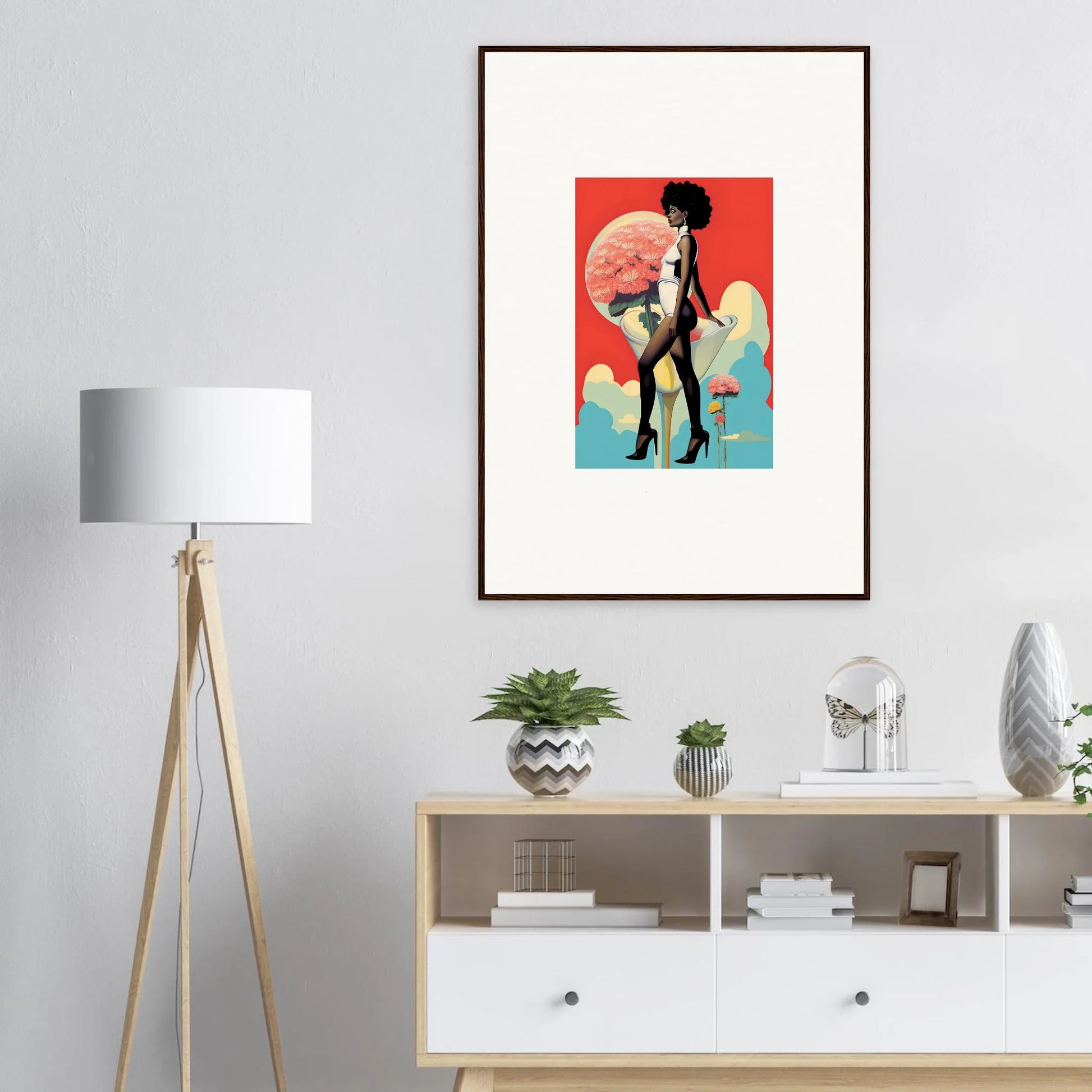 Framed canvas print of a silhouette with a colorful abstract background for floral highs room decoration