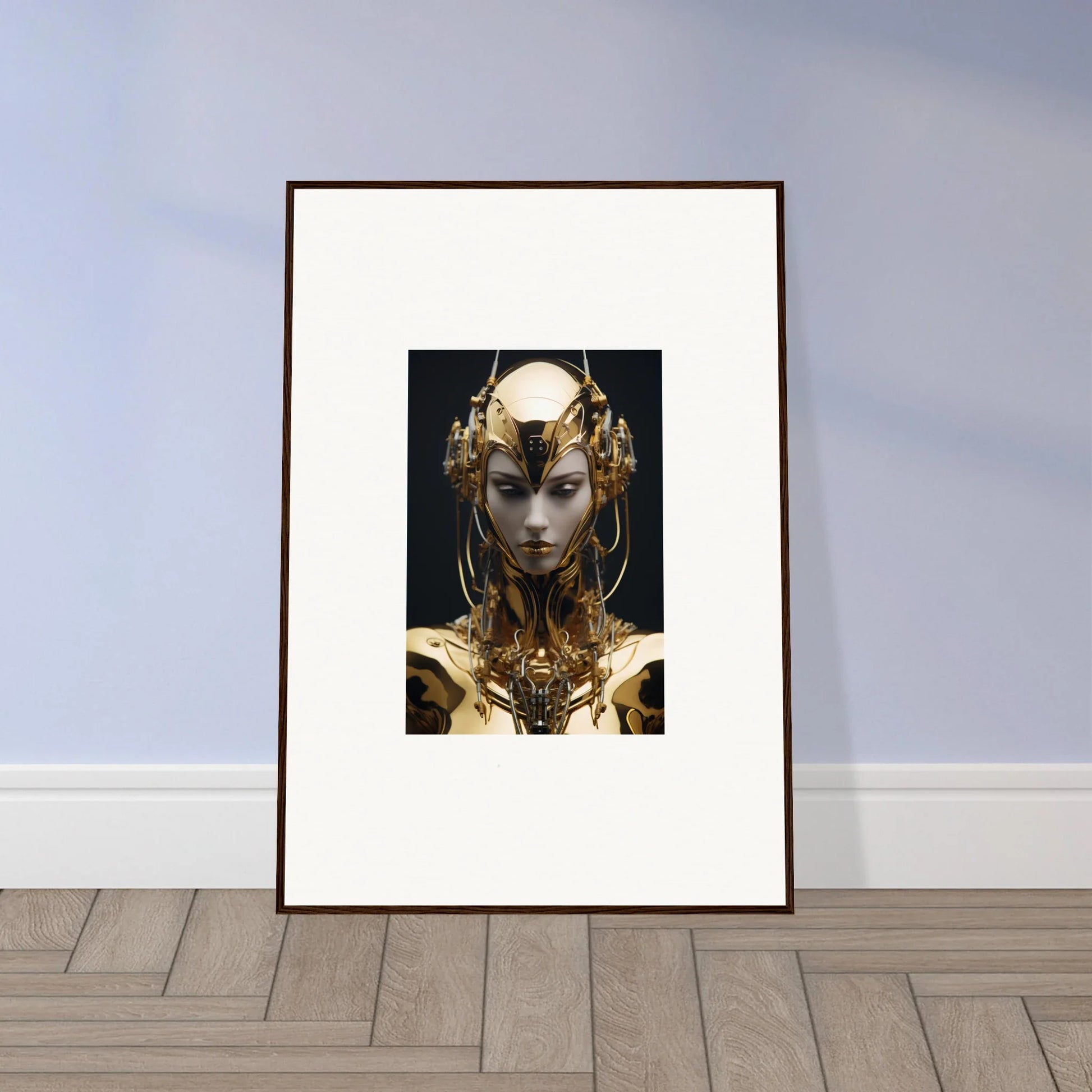 Futuristic golden figure artwork for the Harlequin Chirping Inventrix canvas print