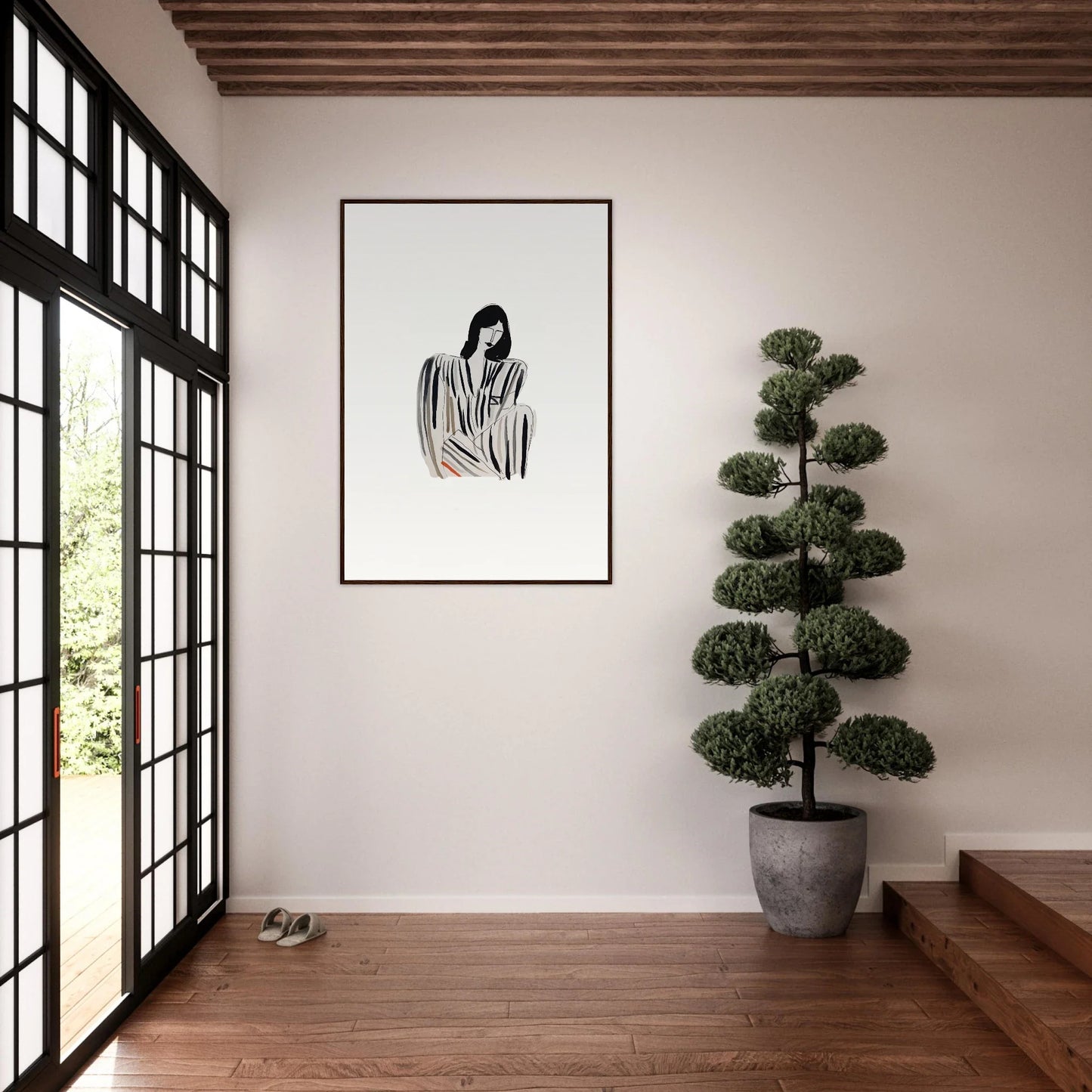 Framed black and white sketch of a figure, perfect for Whispers Formals room decoration