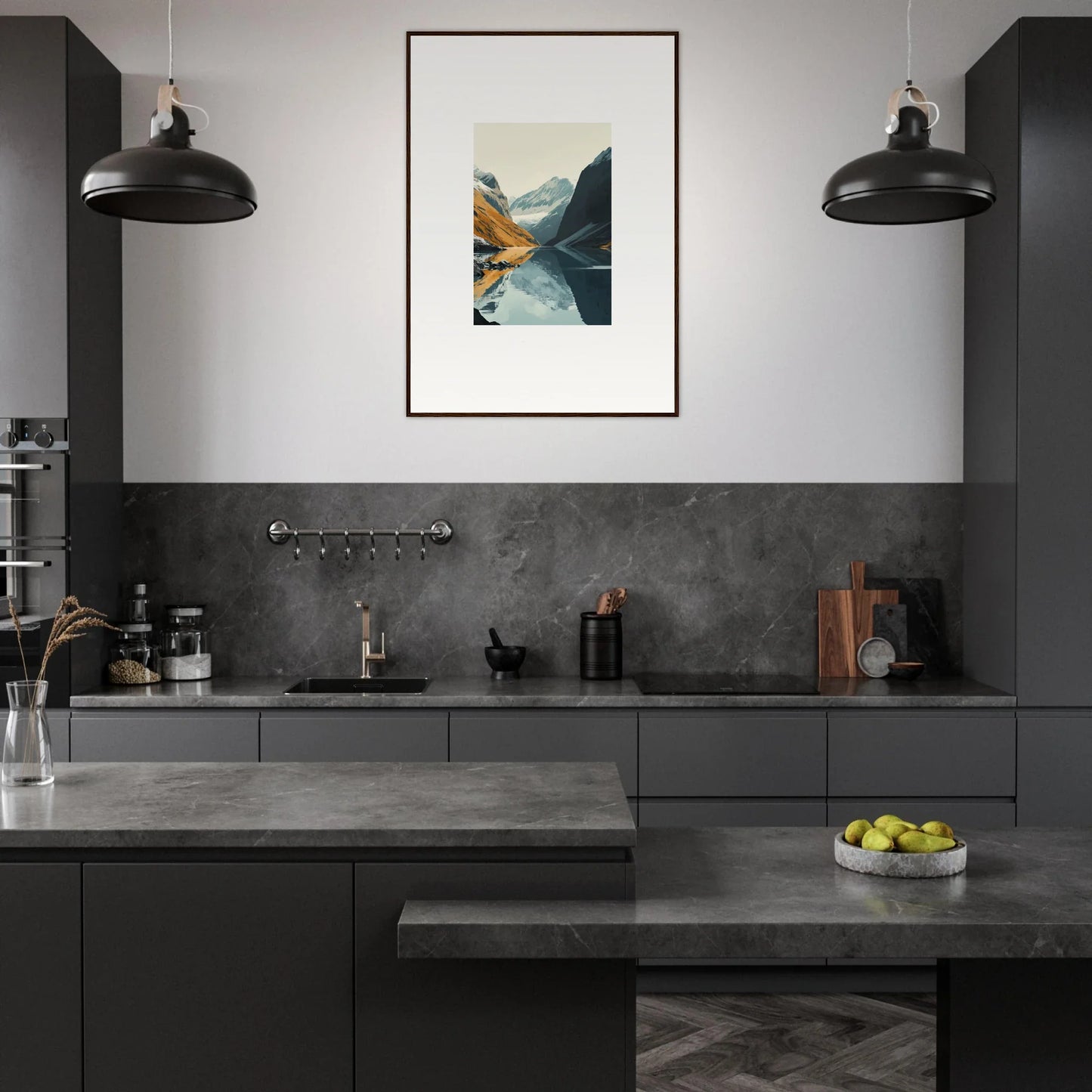 Modern dark kitchen with sleek design, perfect for Glacier Harmony room decoration