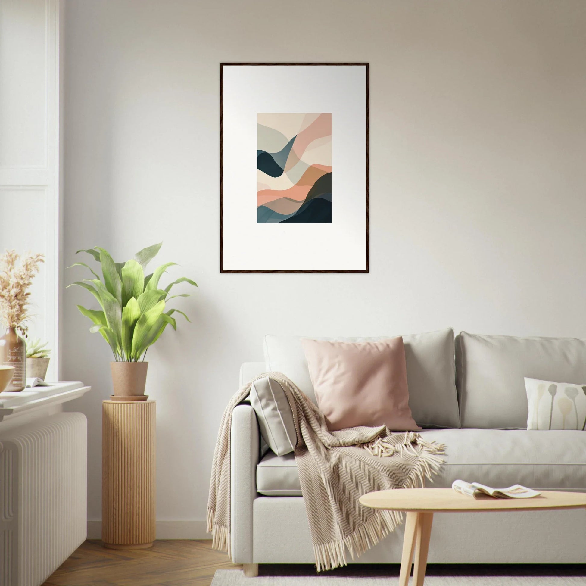 Framed abstract canvas print for room decoration with soft shapes in muted colors