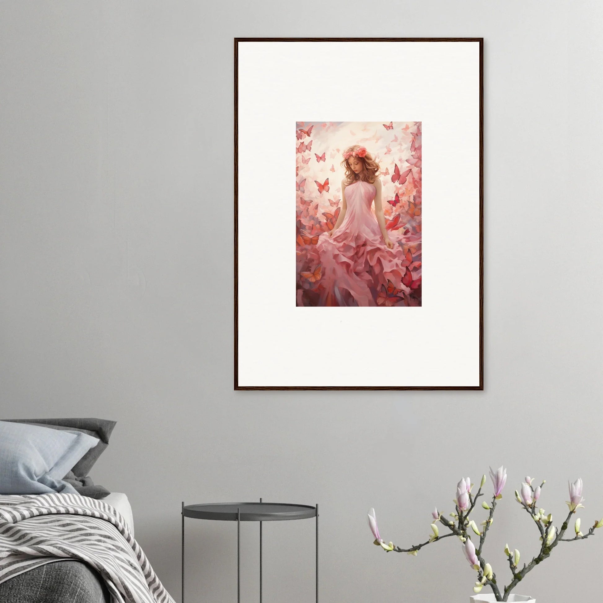 Framed canvas print of a woman’s back with pink flowers for autumn lattice room decoration