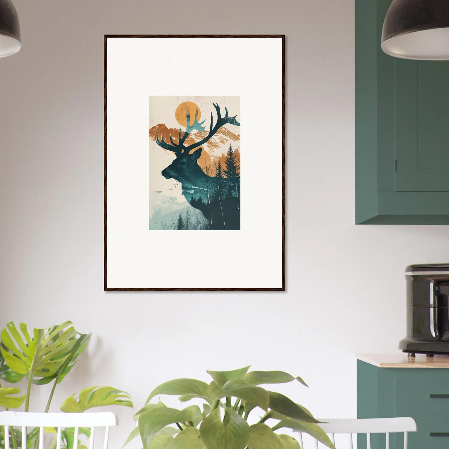 Framed canvas print of a deer silhouette with forest scene for cool room decoration