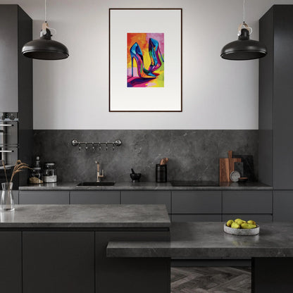 Modern kitchen with dark cabinets and a colorful canvas print of Eclipse Shoes