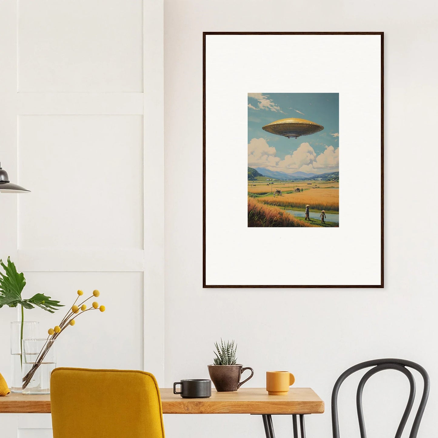 Framed canvas print of a UFO hover query over a serene rural landscape for room decoration