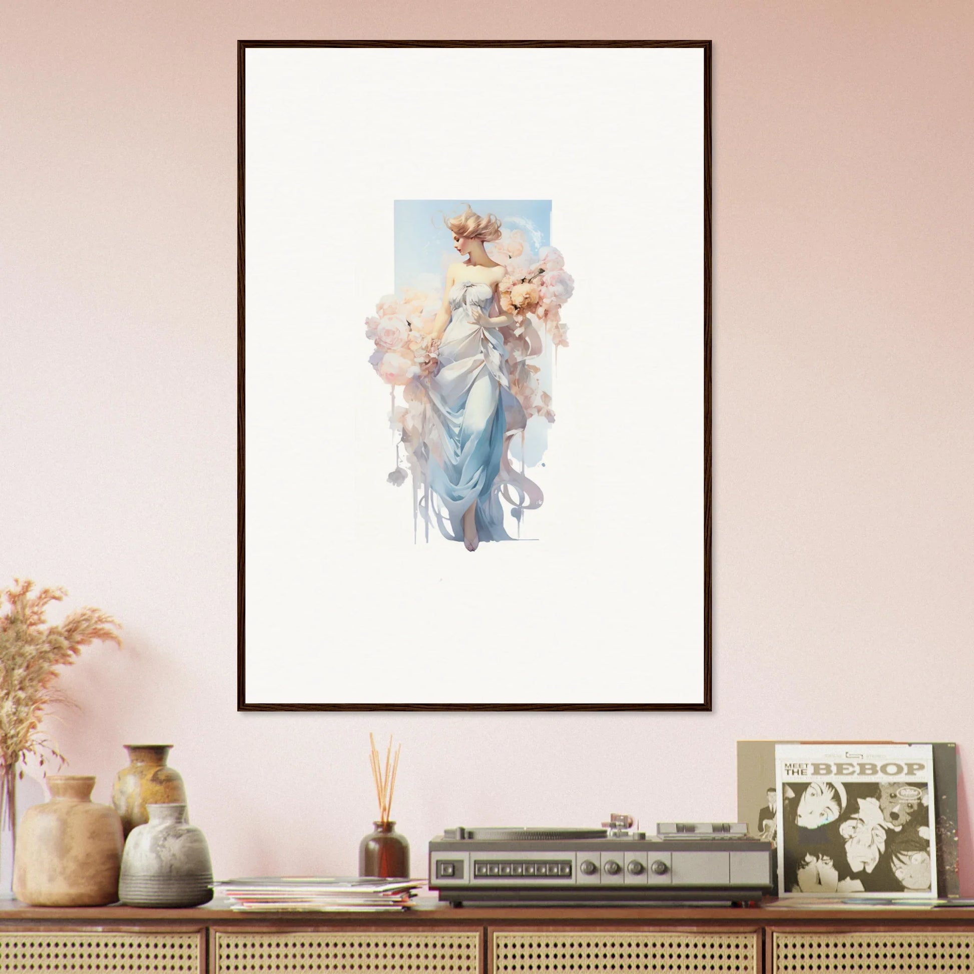 Framed canvas print of Ethereal Bouquet Waltz with a blue figure and dreamy shapes