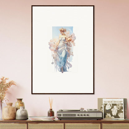 Framed canvas print of Ethereal Bouquet Waltz with a blue figure and dreamy shapes