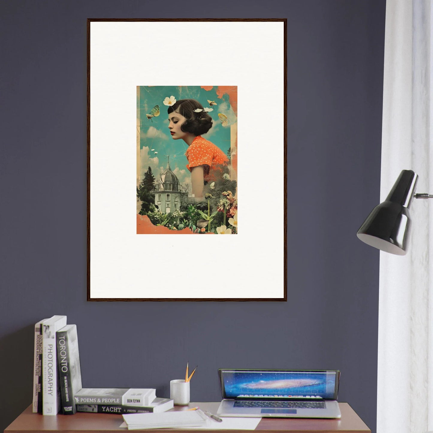 Framed surrealist canvas print of a woman’s head over a city in Dreamer’s Botanical Parade