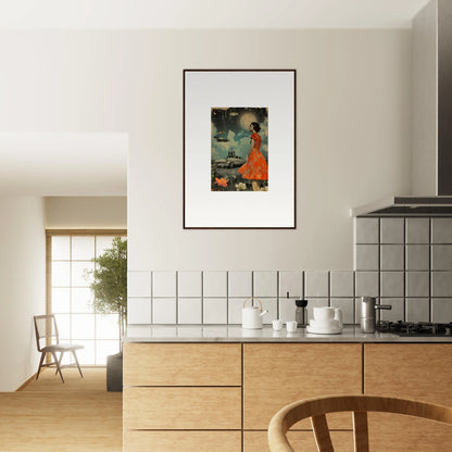 Framed retro bloom canvas print of a figure in an orange dress for stylish room decoration