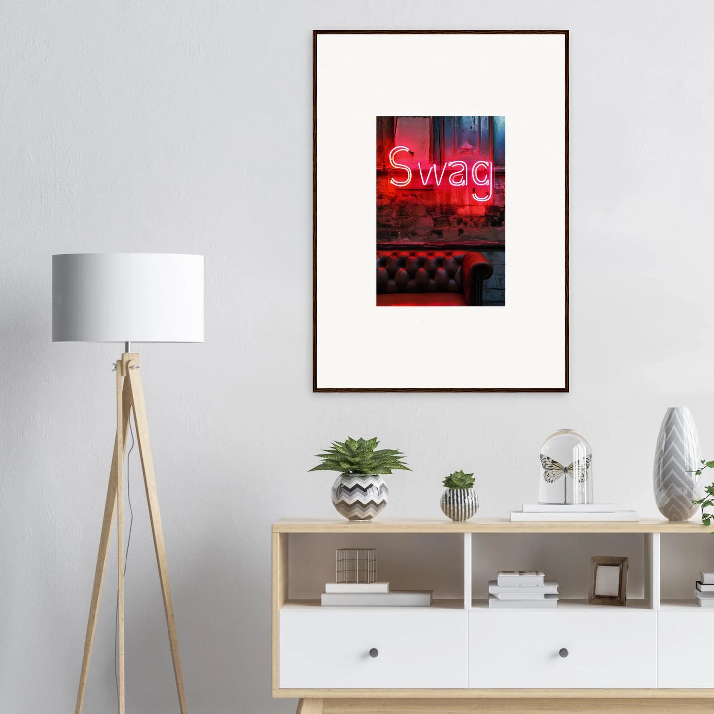 Framed neon Swag sign wall art adds style to your room decoration above a leather couch