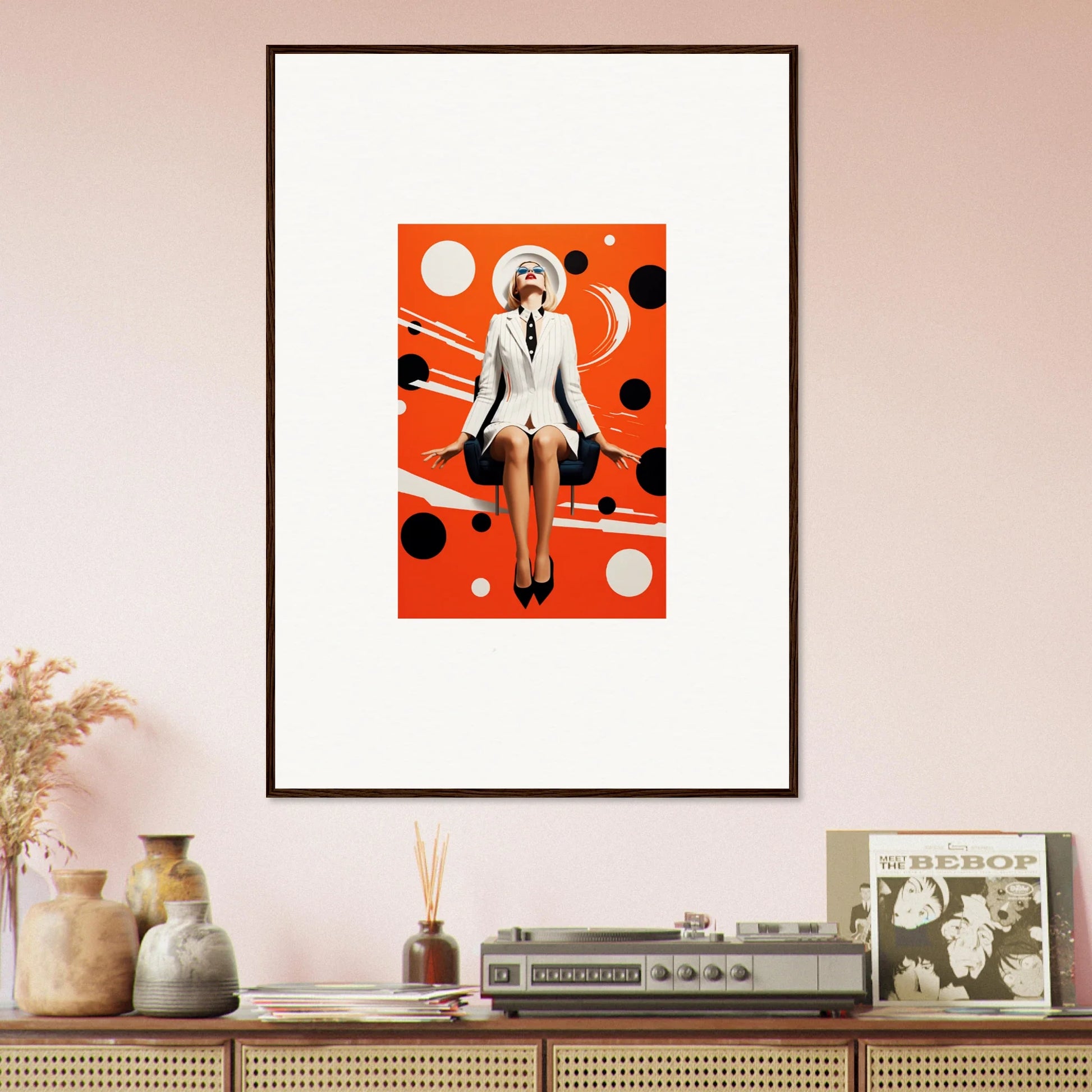 Stylized figure in white suit on orange, cool canvas print for room decoration