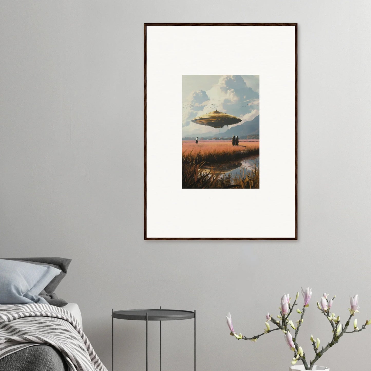 Framed canvas print of a UFO over a landscape at sunset for cool room decoration