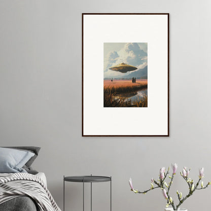 Framed canvas print of a UFO over a landscape at sunset for cool room decoration