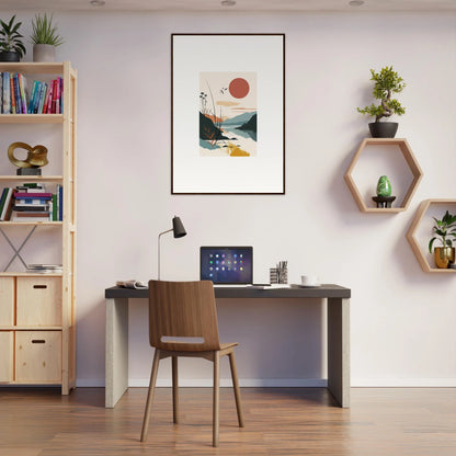 Minimalist home office with desk and chair, featuring Sunrise Unfurled canvas print