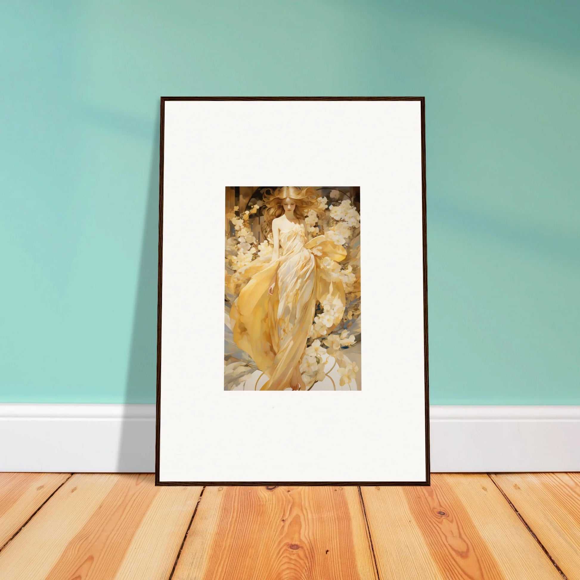 Framed canvas print of a woman in white dress on golden background for room decoration