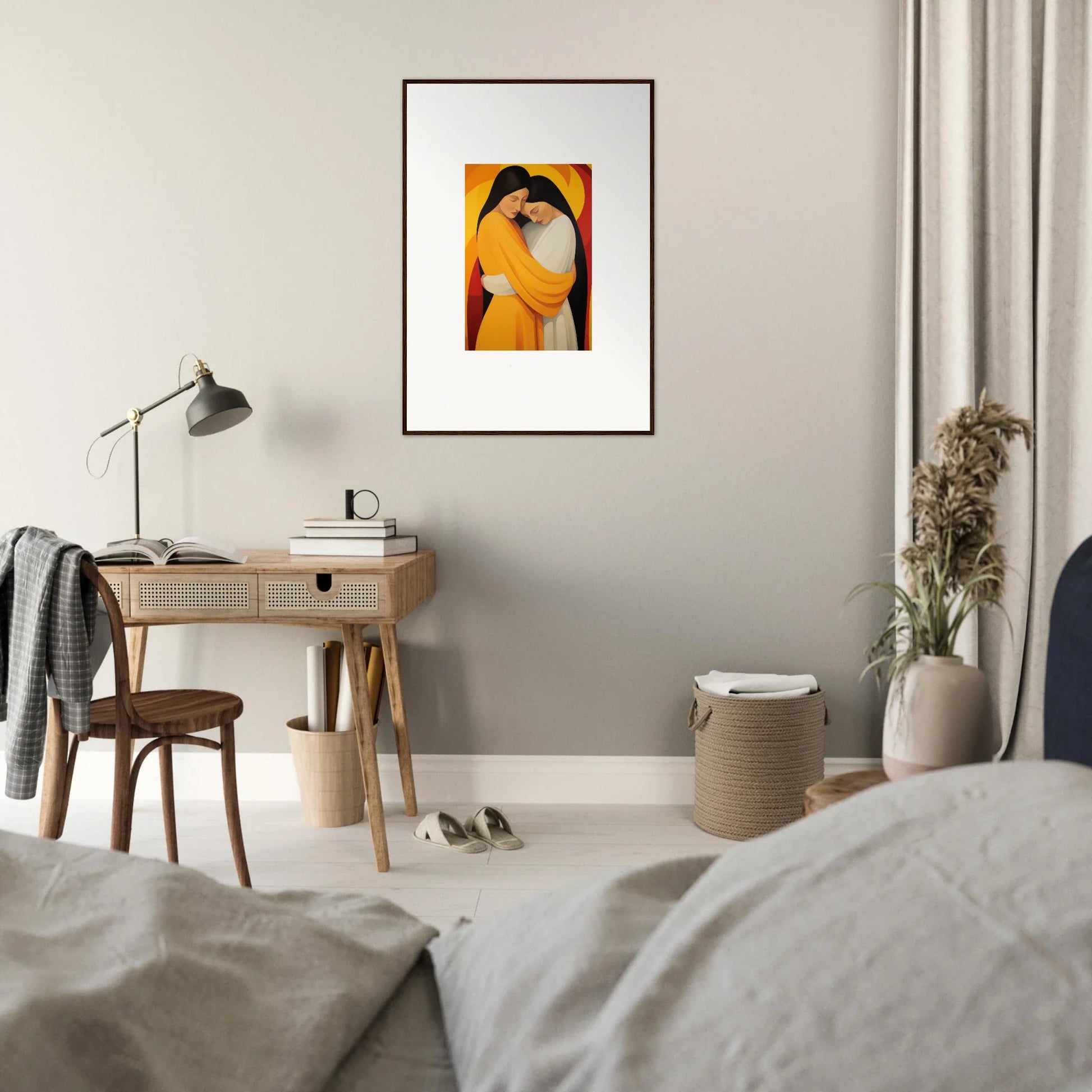 Framed abstract canvas print of vibrant orange and yellow tones for stylish room decoration