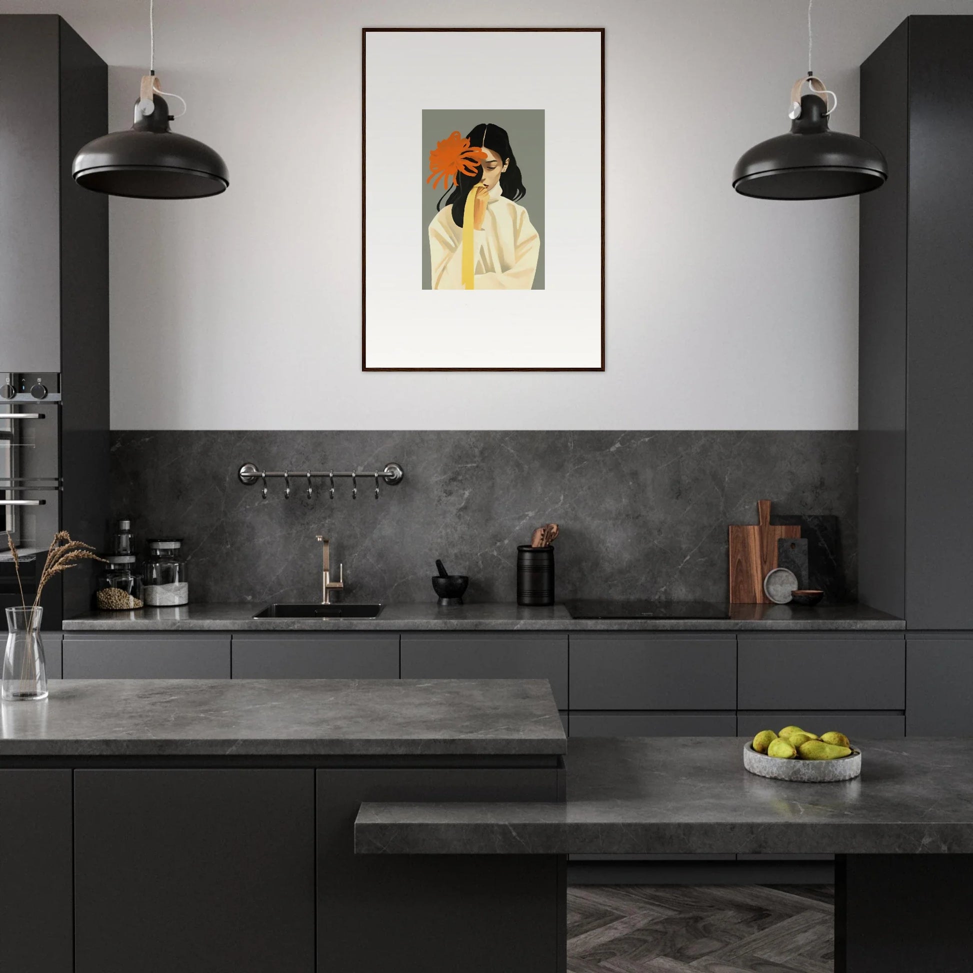 Modern kitchen with dark cabinets, concrete counters, and Flower Dreams Eternity canvas print