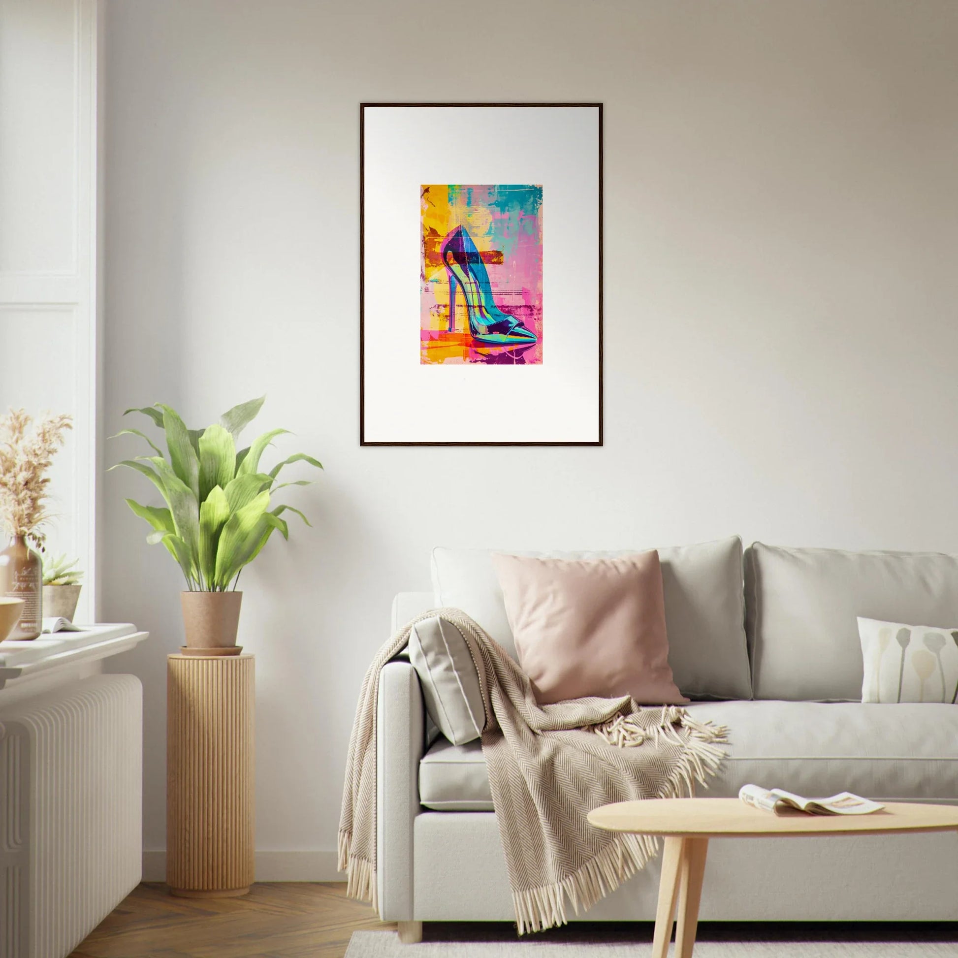 Framed wall art of a colorful high-heeled shoe for stylish noir reverie room decor