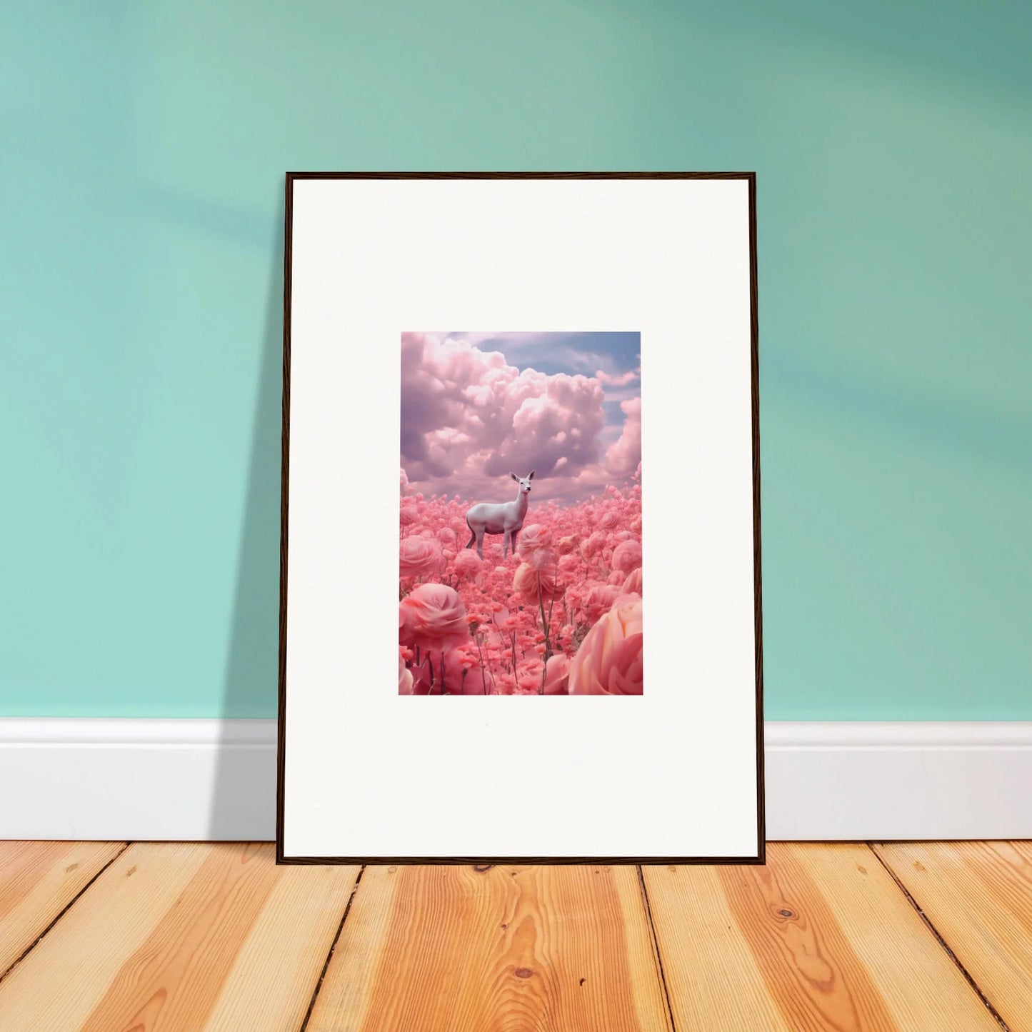 Framed wall art of a deer in a pink field, perfect for your room decoration