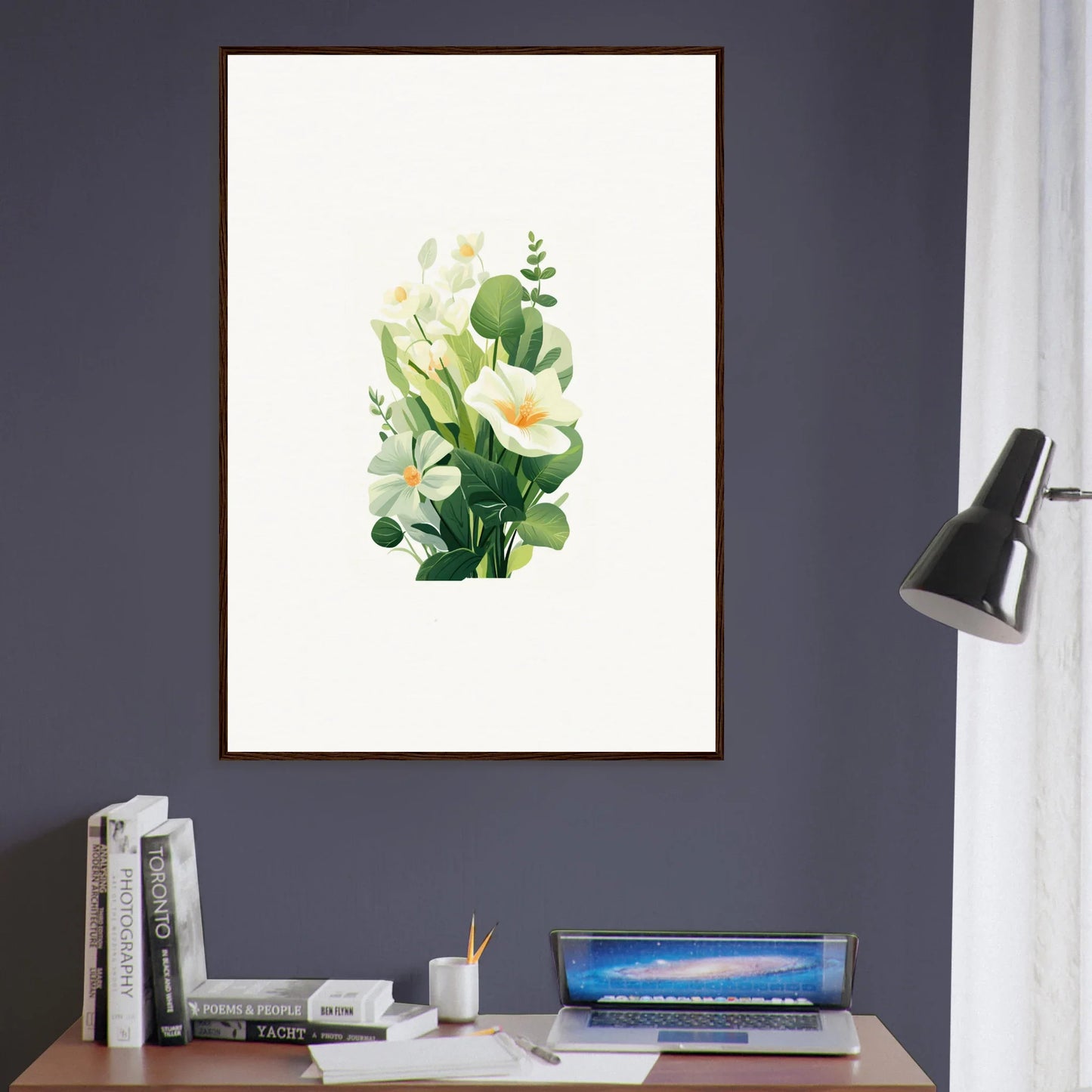 Framed botanical print of white flowers and green leaves for stylish room decoration