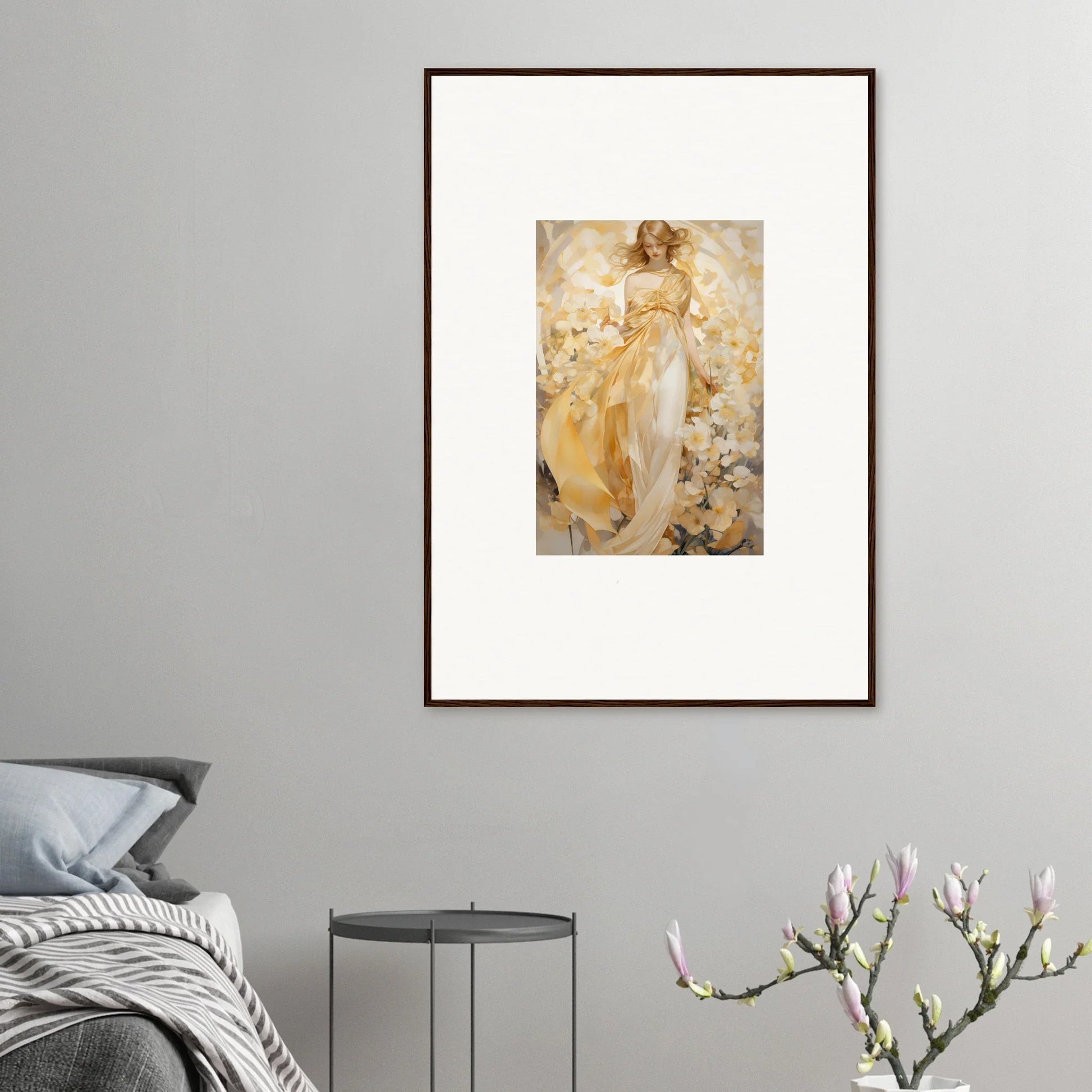 Framed canvas print of a woman in a yellow dress for ethereal tango room decoration