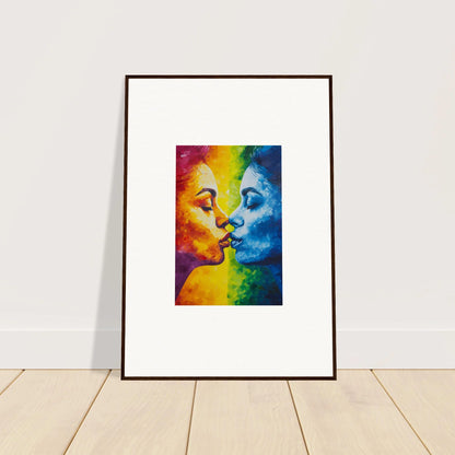 Framed canvas print of colorful faces kissing, perfect for serene room decoration