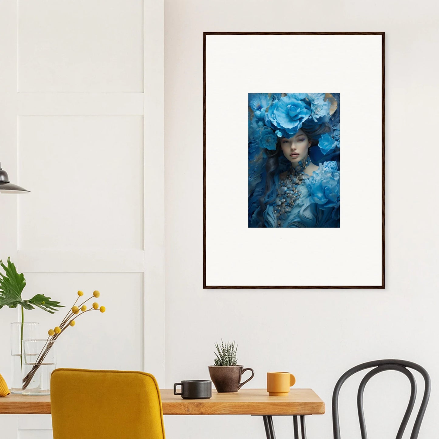 Framed canvas print of a blue symphony portrait with floral accents for room decoration